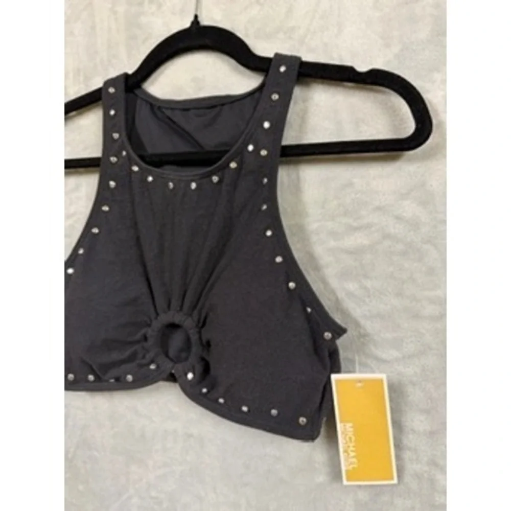 NWT Michael Kors Bikini Top Womens Black Studded O-Ring High Neck Crepe S $100